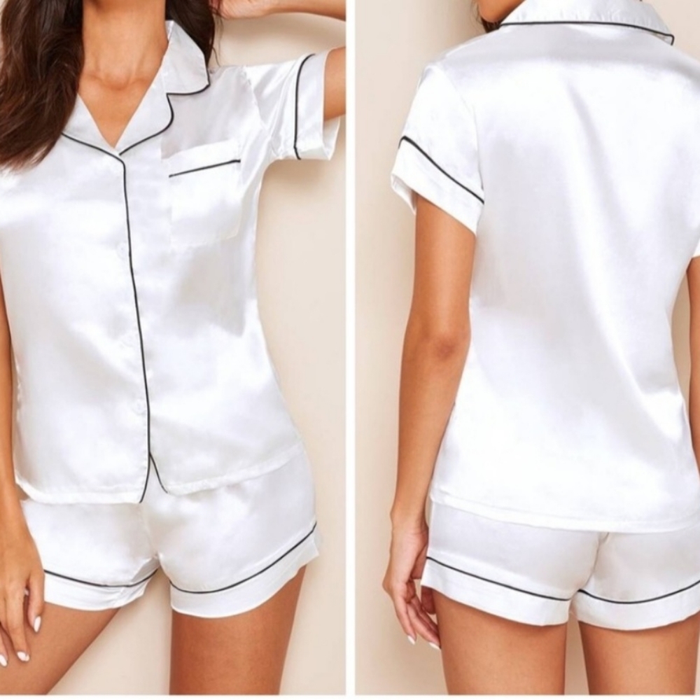 New White Satin Silk-Like Pajama Set